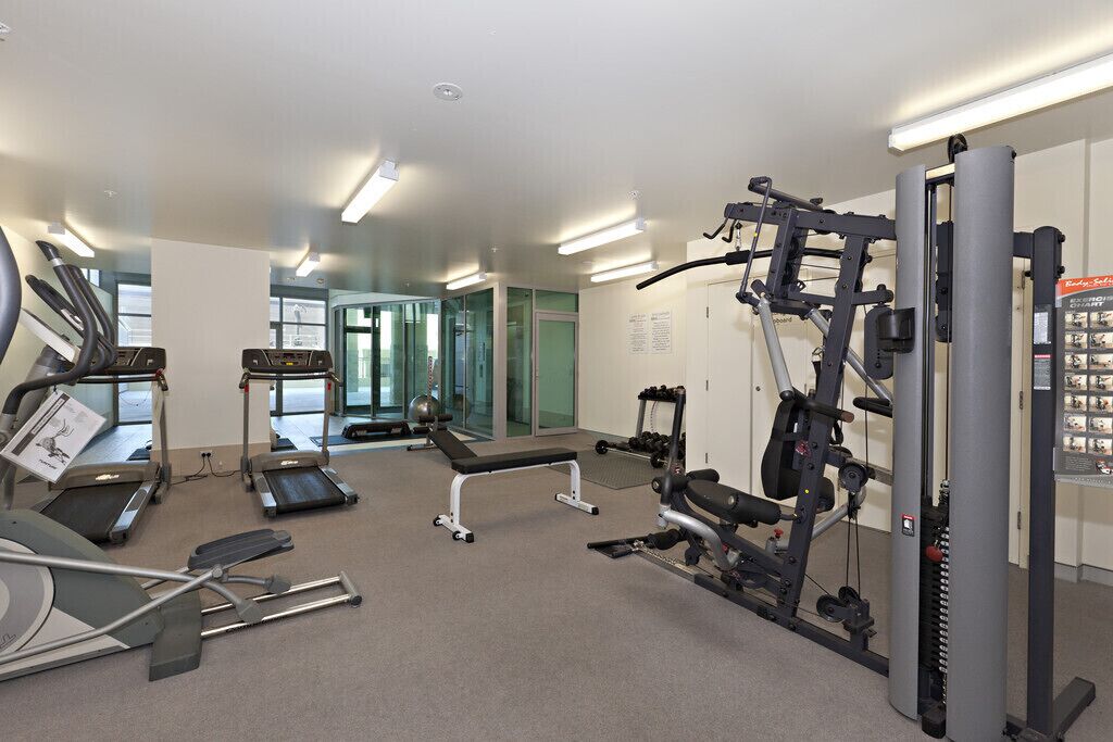 A gym with treadmills, a bench, and weight machines.