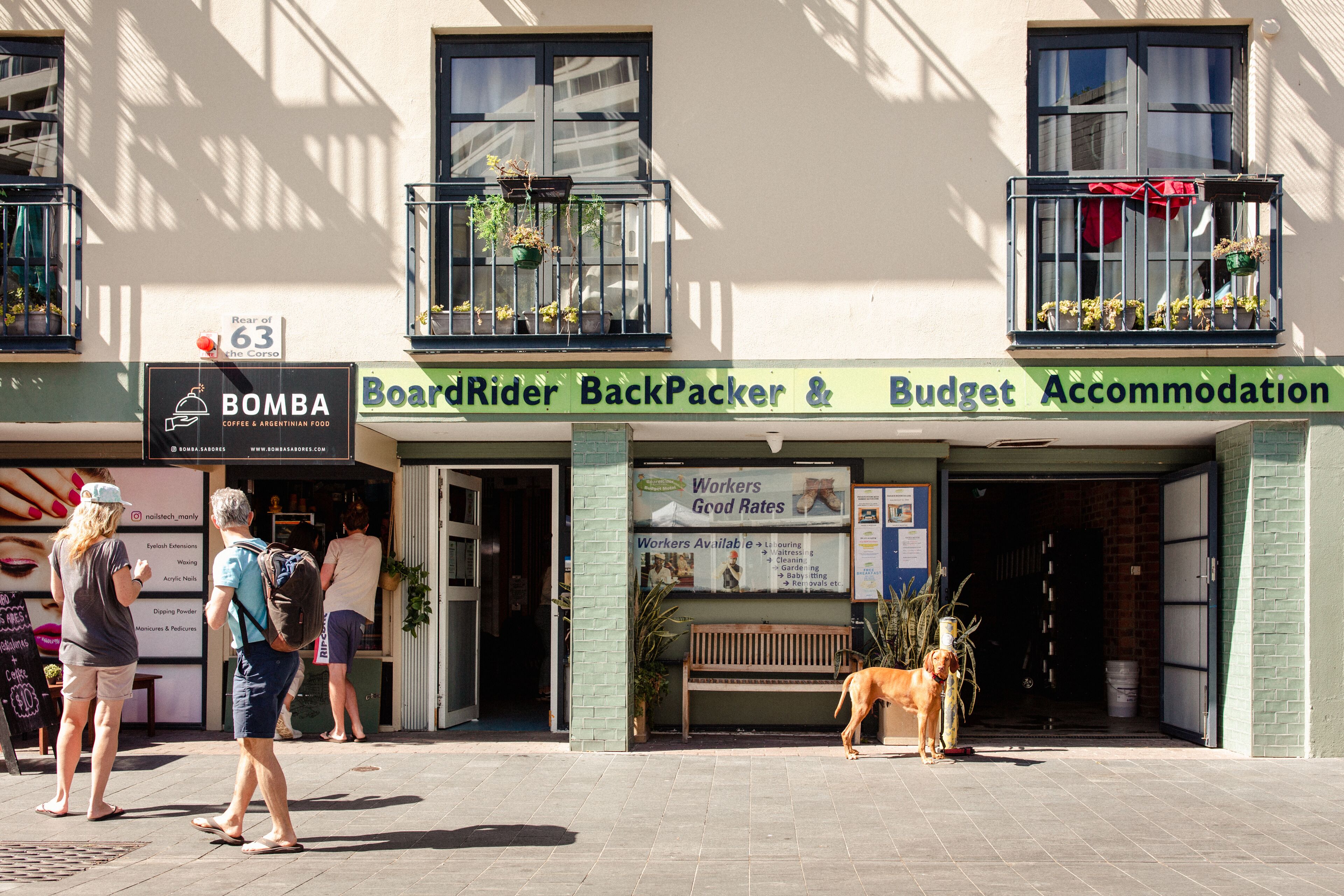 Un escaparate con letreros que indican 'BoardRider BackPacker & Budget Accommodation' y 'Bomba Coffee & Argentinian Food'.