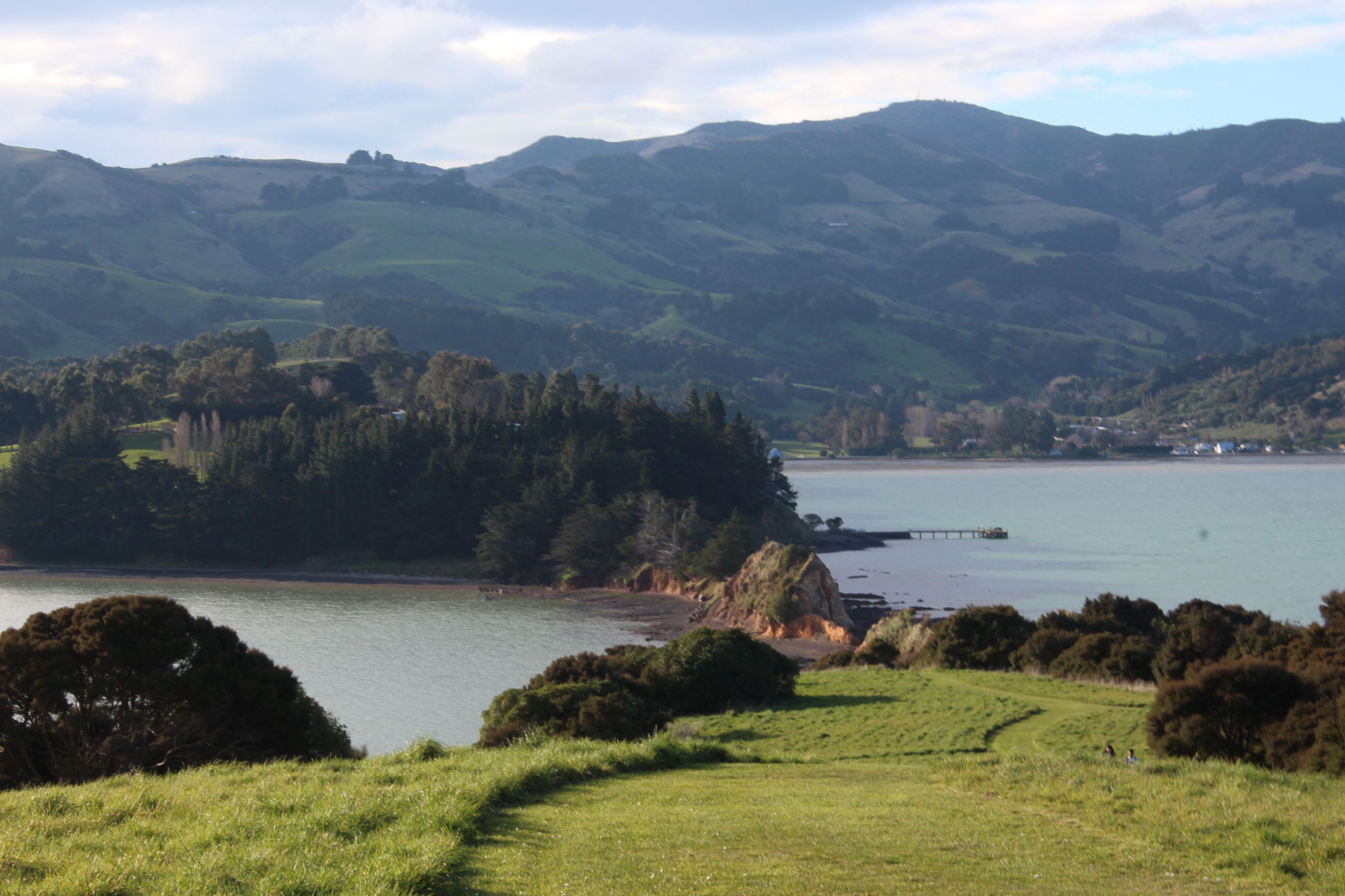 A scenic landscape with a lake, rolling hills, and a forested area.