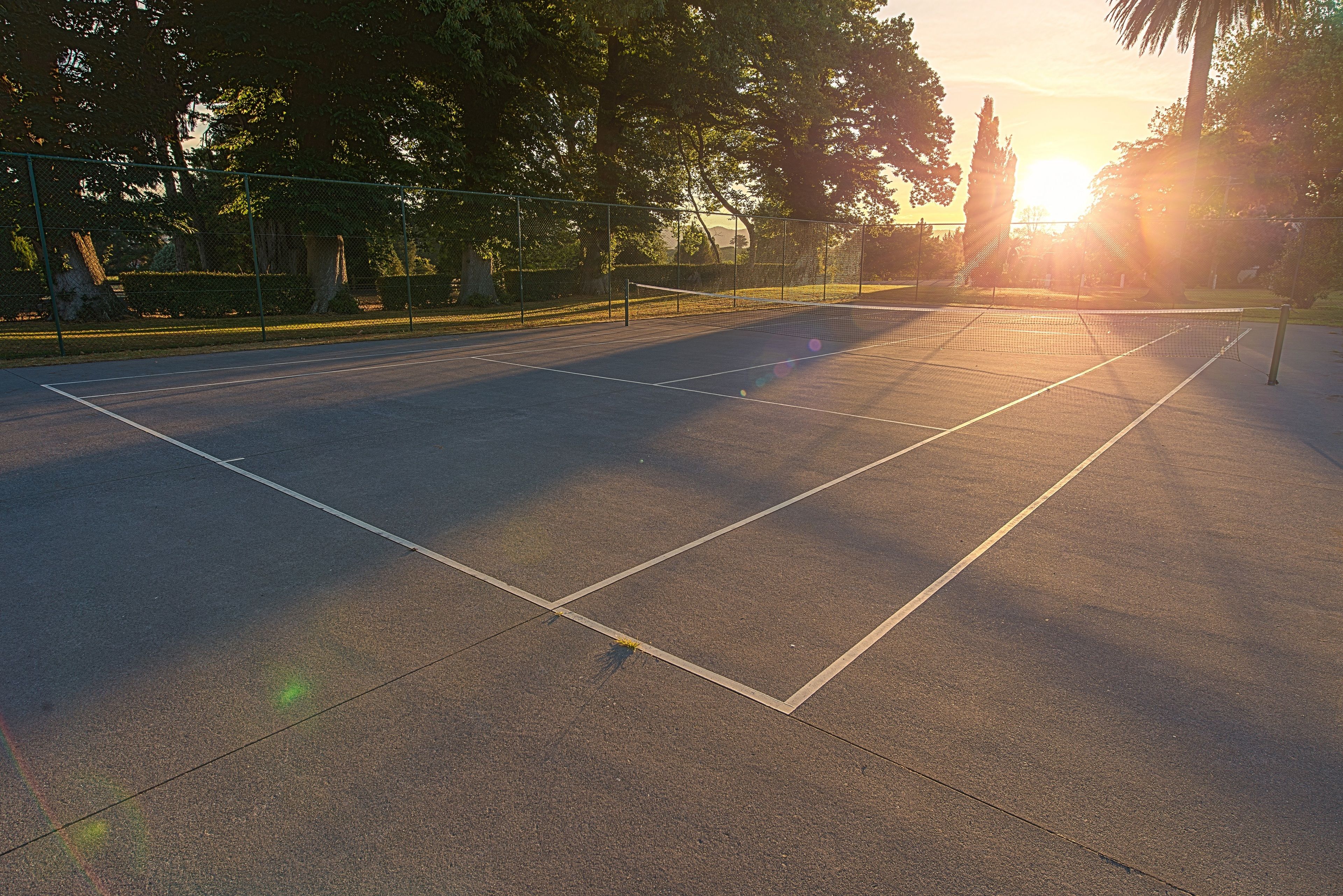 Una cancha de tenis al aire libre con una red, rodeada de árboles y una valla.