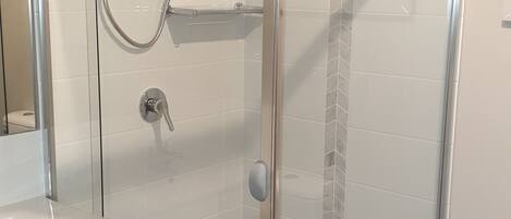 A glass-enclosed shower stall with a handheld showerhead, a wall-mounted faucet, and a toilet visible through the glass.