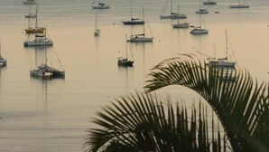Vista costera con varios veleros anclados en aguas tranquilas, cielo despejado y accidentes geográficos a lo lejos.