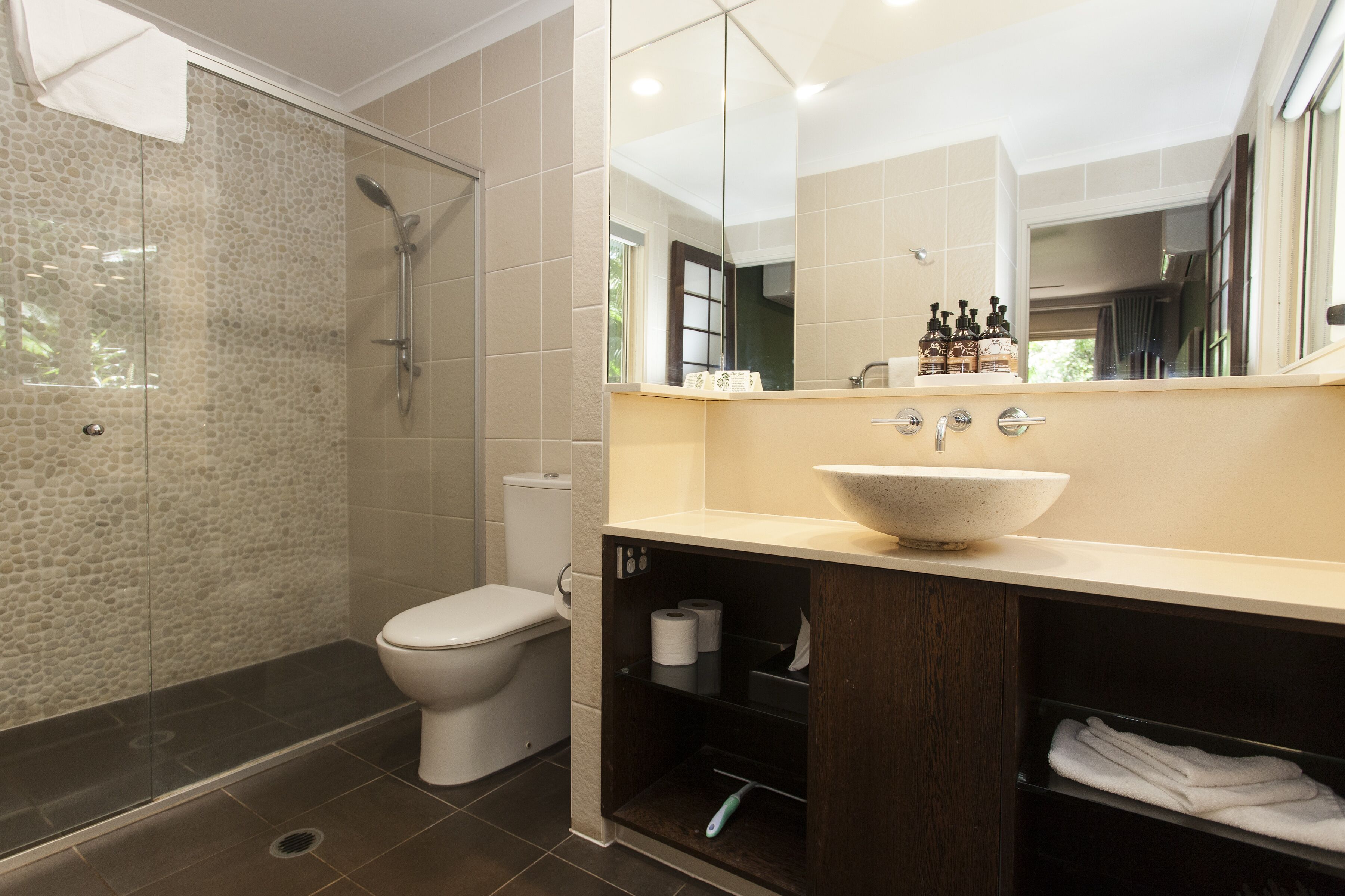 A bathroom with a glass-enclosed shower, a toilet, a sink with a large bowl, and a mirror above the sink.