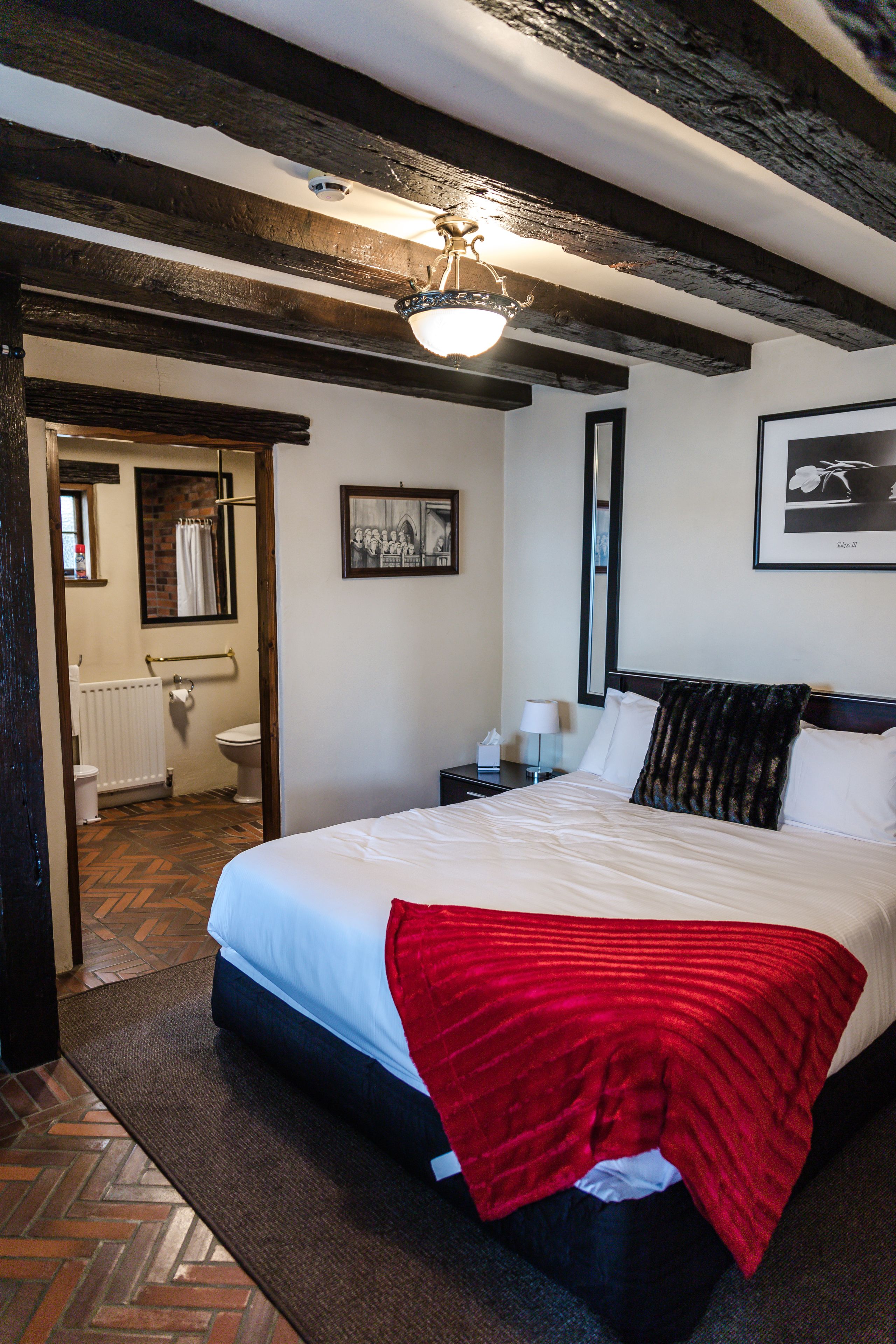A bedroom with a large bed, a red throw blanket, a wooden ceiling, and a framed picture on the wall.