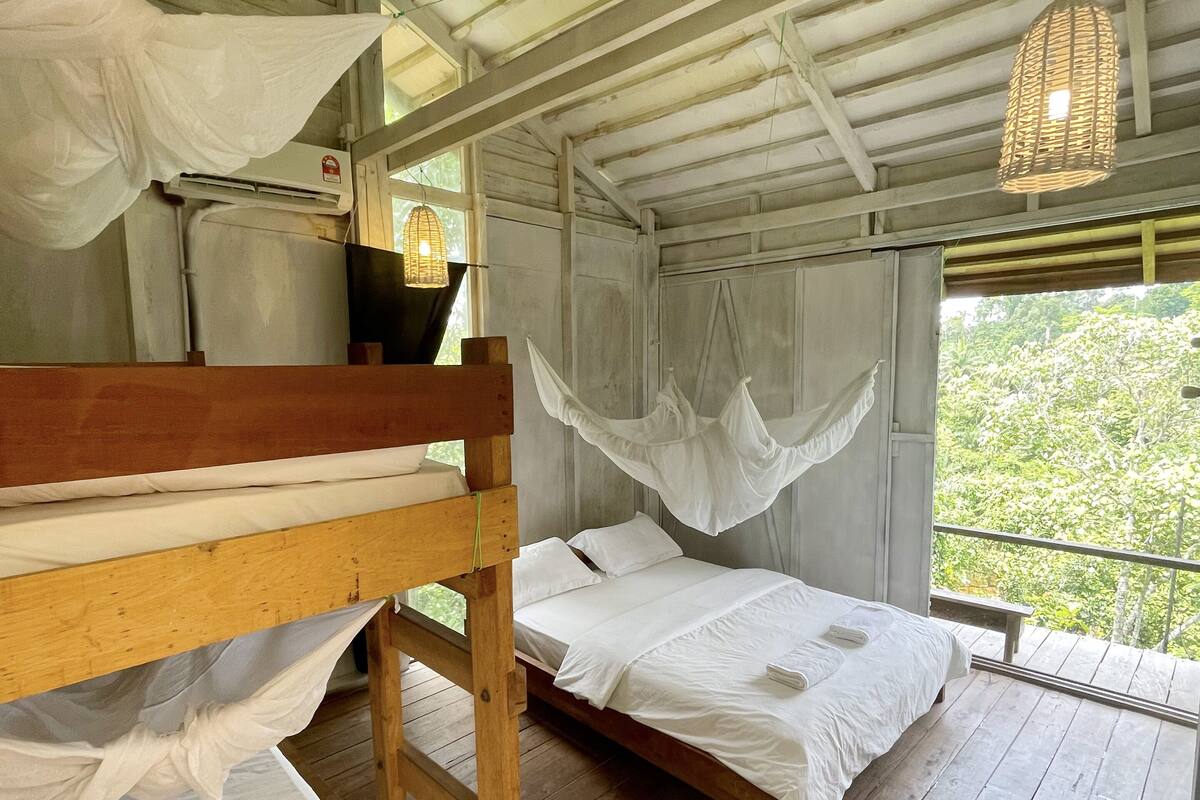 A rustic room with wooden bunk beds, a ceiling fan, and a view of greenery outside.