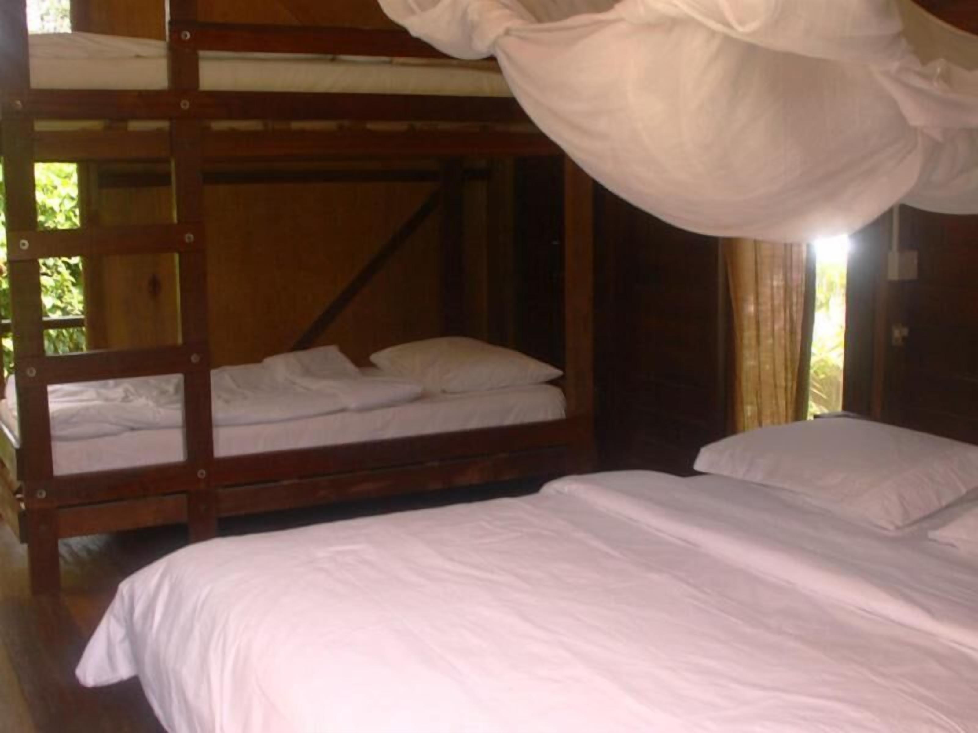 A wooden bunk bed with white bedding, a mosquito net above the upper bunk, and a window with curtains.