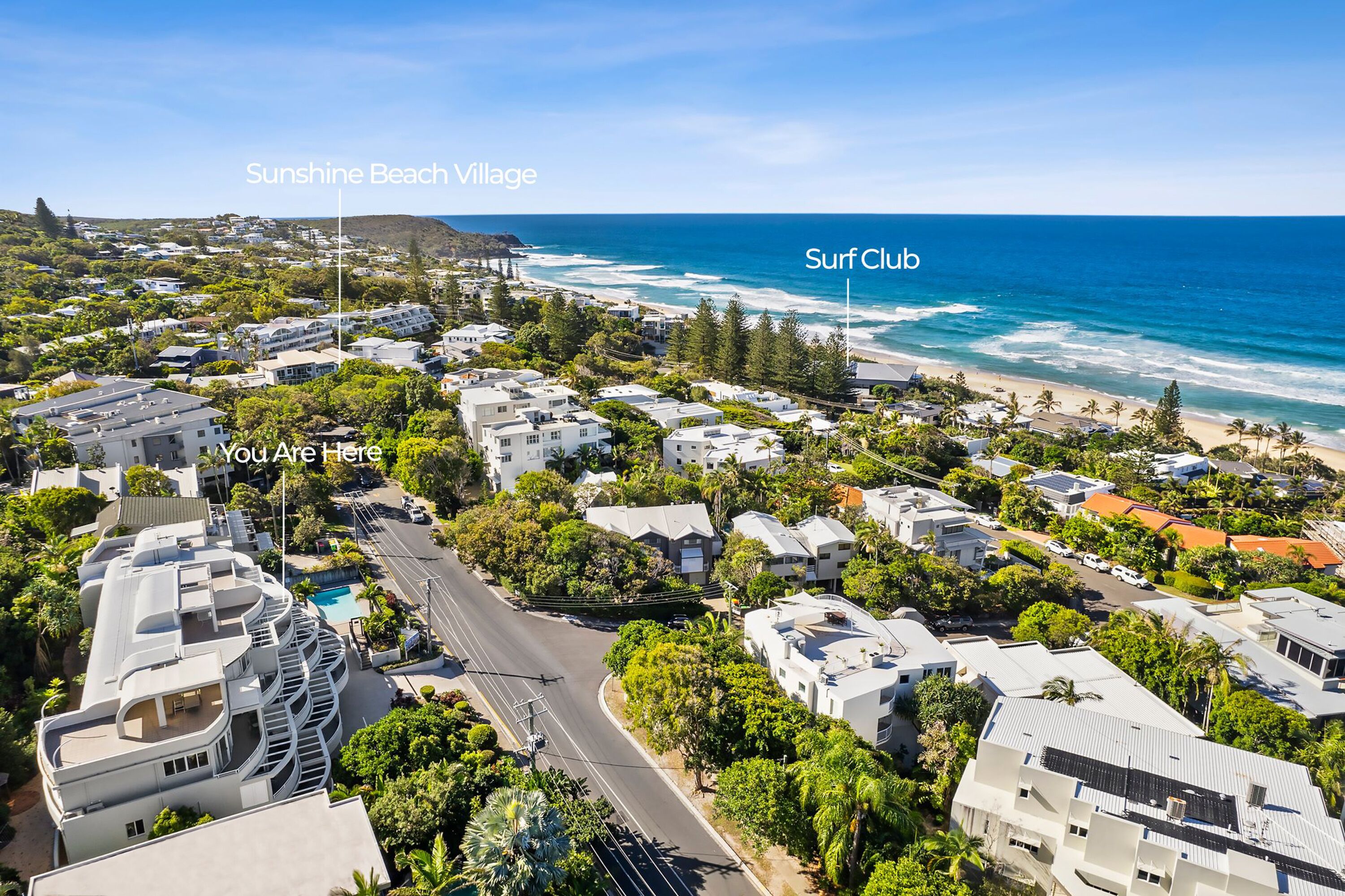 An aerial view of Sunshine Beach Village with a surf club and a pool area.