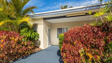 A modern house with a paved driveway, surrounded by tropical plants and a clear blue sky.