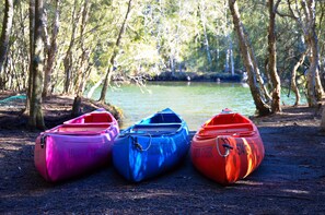 Tres kayaks alineados en un camino de tierra junto a una masa de agua tranquila, rodeados de árboles.