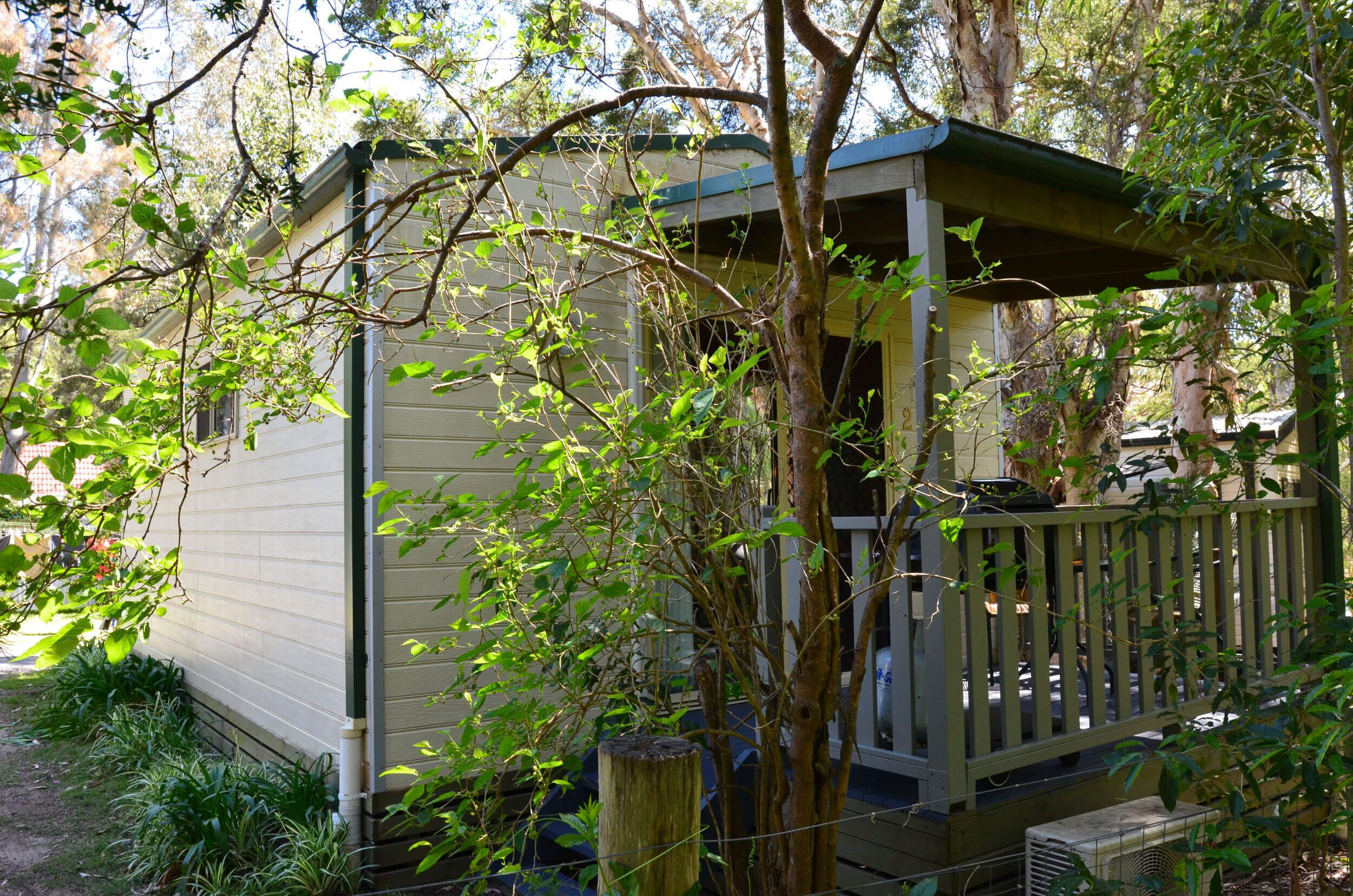A small, single-story cabin with a porch, surrounded by trees and greenery.