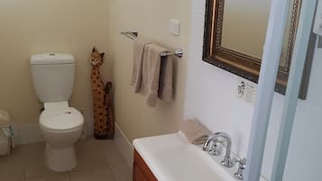 Une salle de bain avec des toilettes, un lavabo et un miroir.