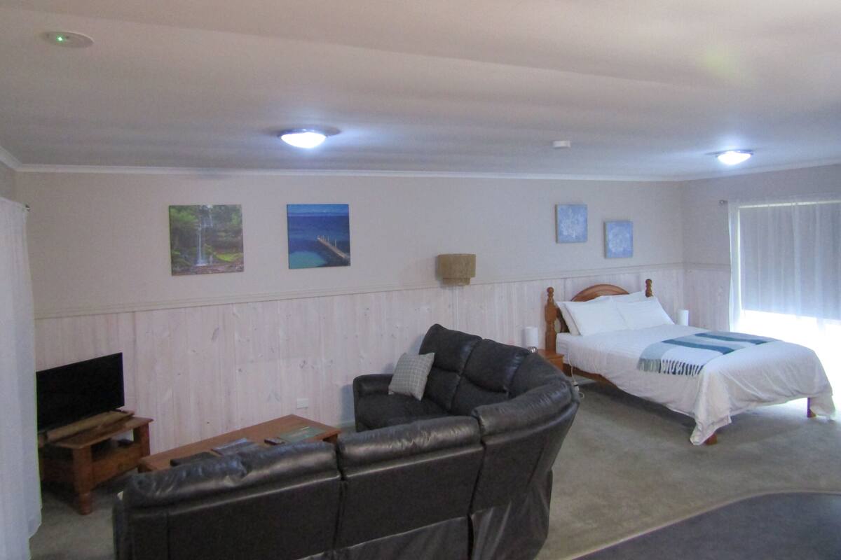 Un dormitorio con cama, sofá y televisión.