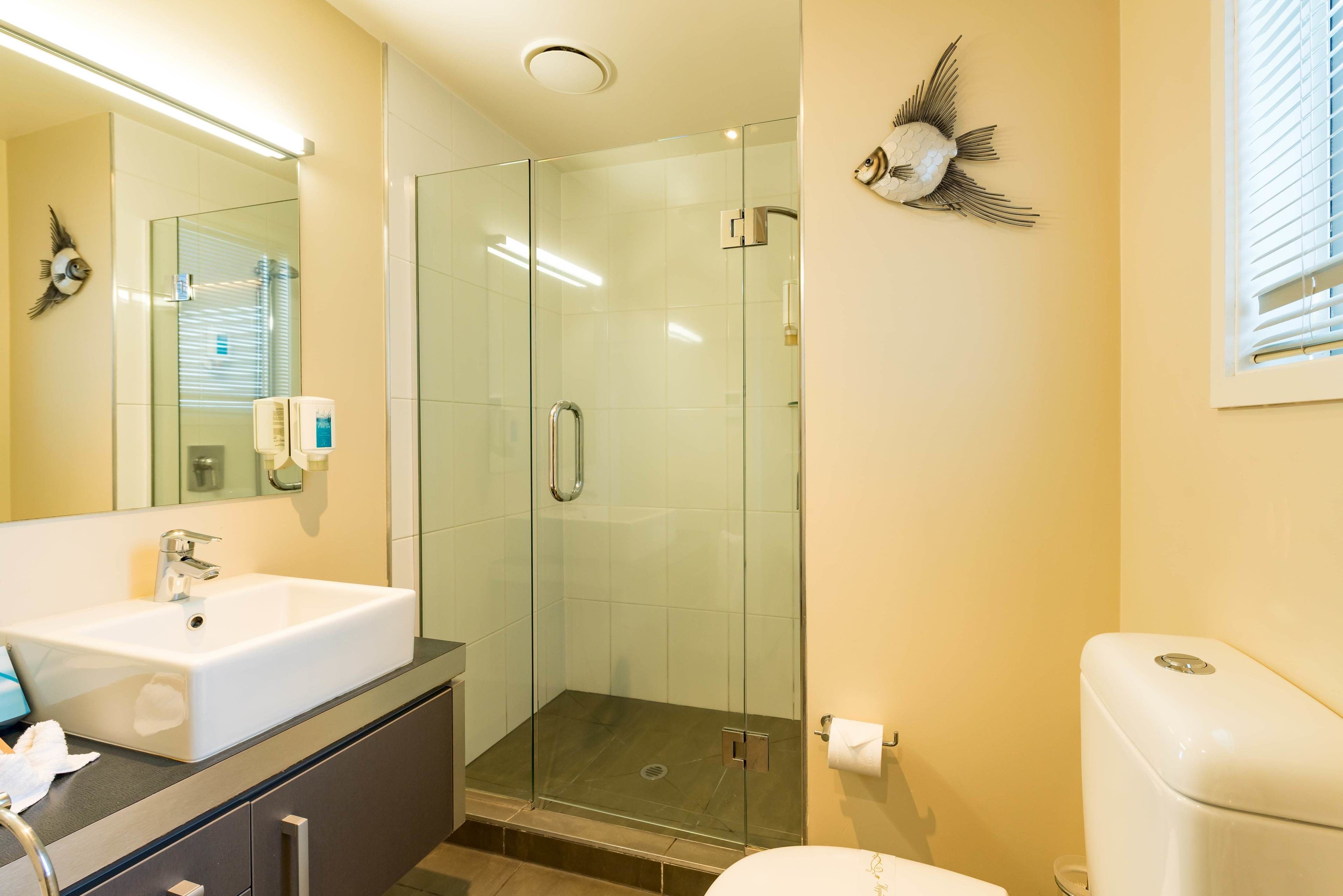 A modern bathroom with a glass-enclosed shower, a white sink, and a toilet.
