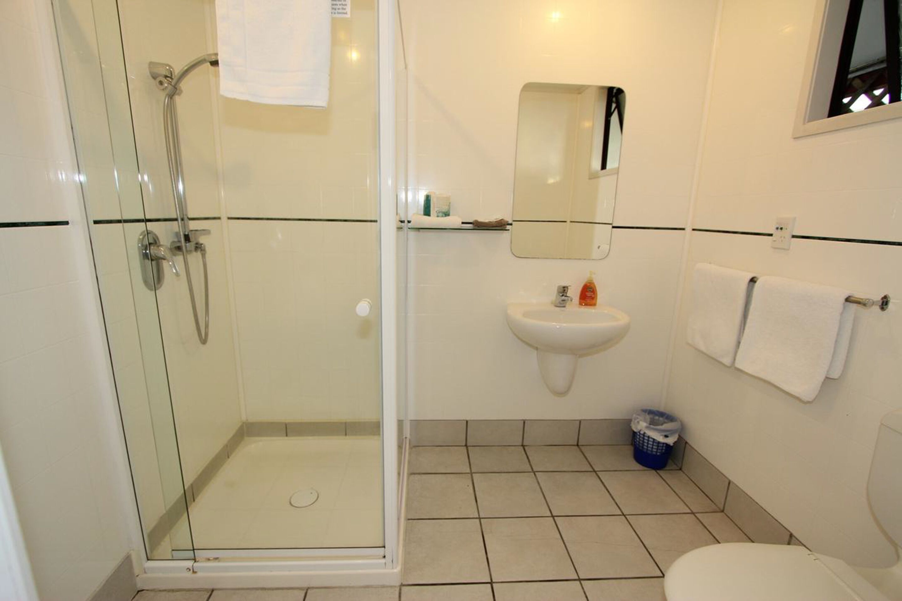 Un baño con ducha envuelta en vidrio, un lavabo, un espejo y un inodoro.