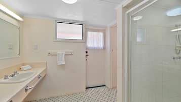 A bathroom with a sink, mirror, and shower.