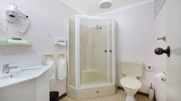 Un baño moderno con ducha de vidrio, un lavabo blanco y un inodoro.