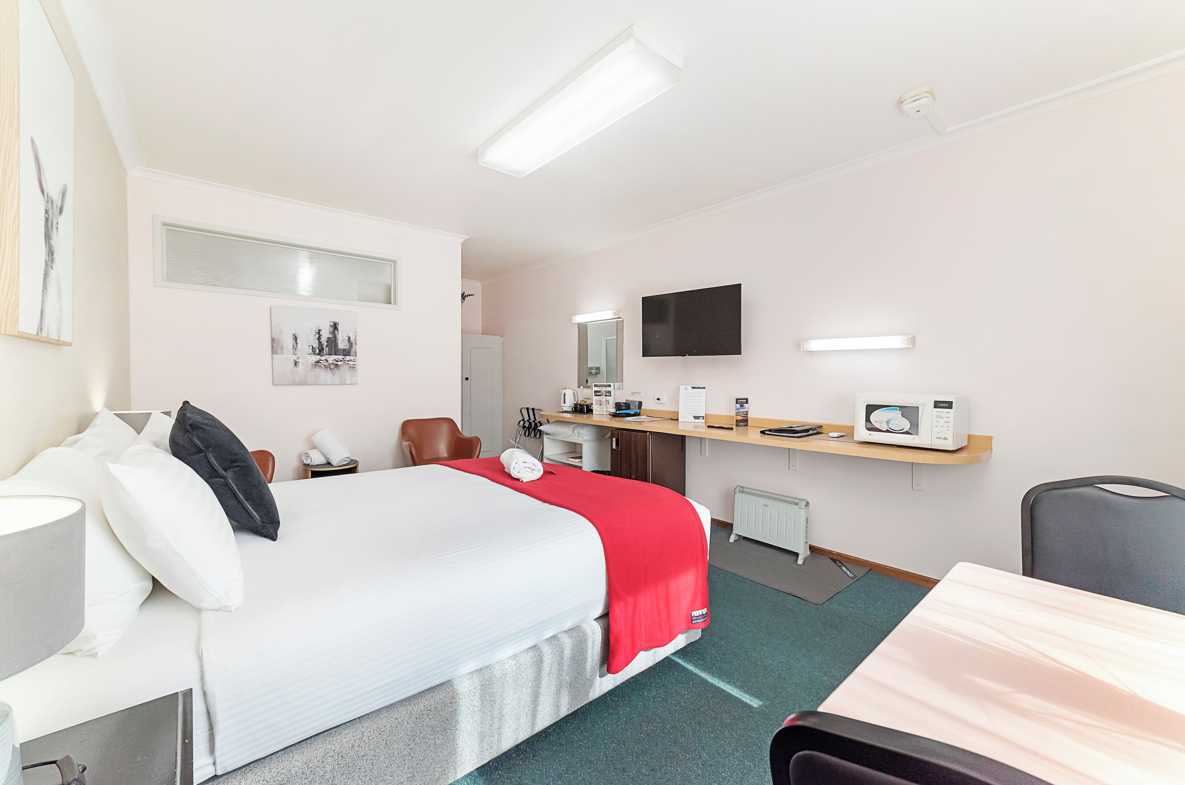 A hotel room with a bed, bedside table, lamp, chair, desk, microwave, and a TV on the wall.