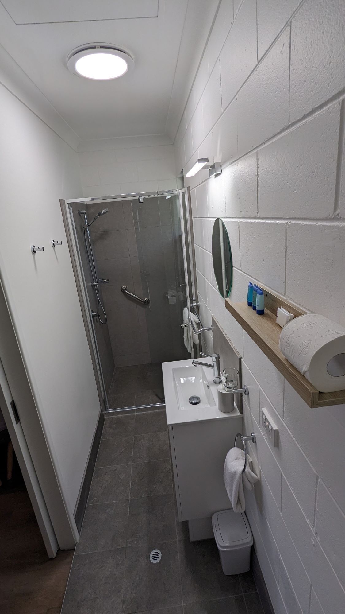 A modern bathroom with a shower, sink, and toilet.