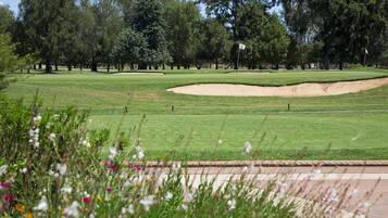 A golf course with a sand bunker, trees, and a flagstick.