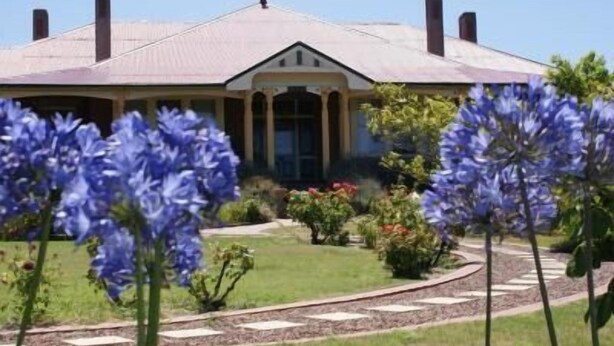 A house with a symmetrical facade, a central entrance with columns, and a garden with blue flowers.