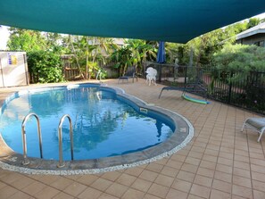 Outdoor pool, pool umbrellas, pool loungers