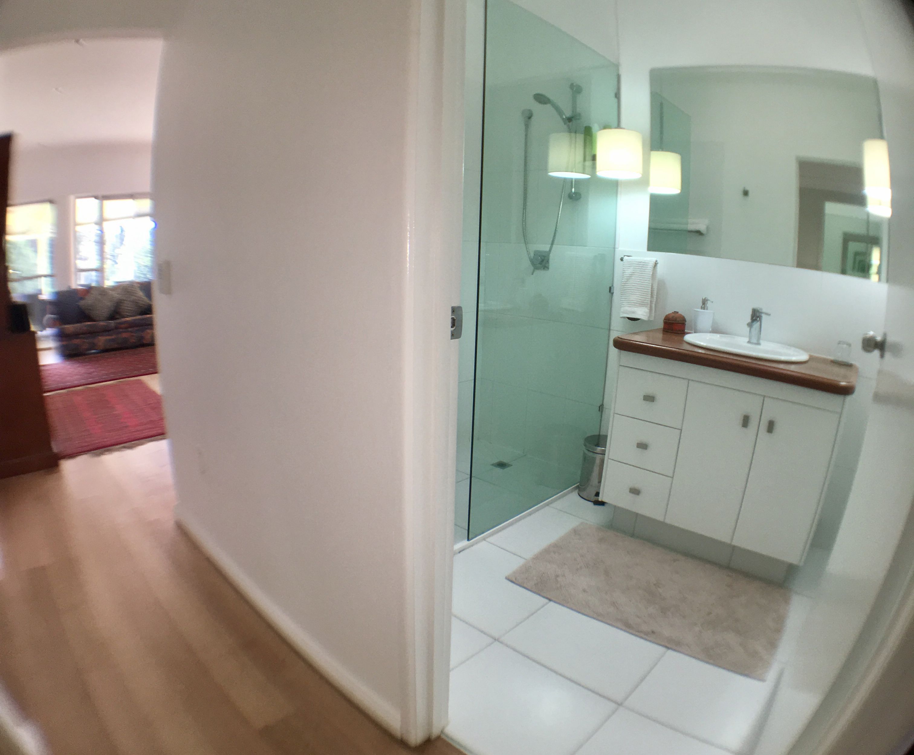 A modern bathroom with a glass shower enclosure, a white sink, and a mirror above it.