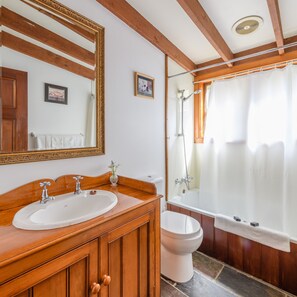 Combined shower/bathtub, free toiletries, hair dryer, towels