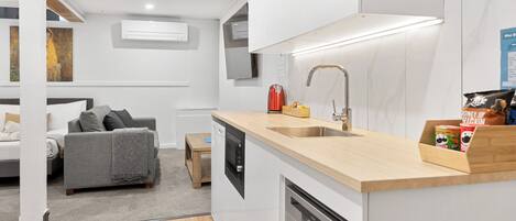 A compact kitchen with a dishwasher, sink, and wooden countertop.