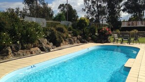 A rectangular swimming pool with a tiled edge, surrounded by a landscaped garden with various plants and a metal fence. - Tuckerbox Motor Inn (South Gundagai)