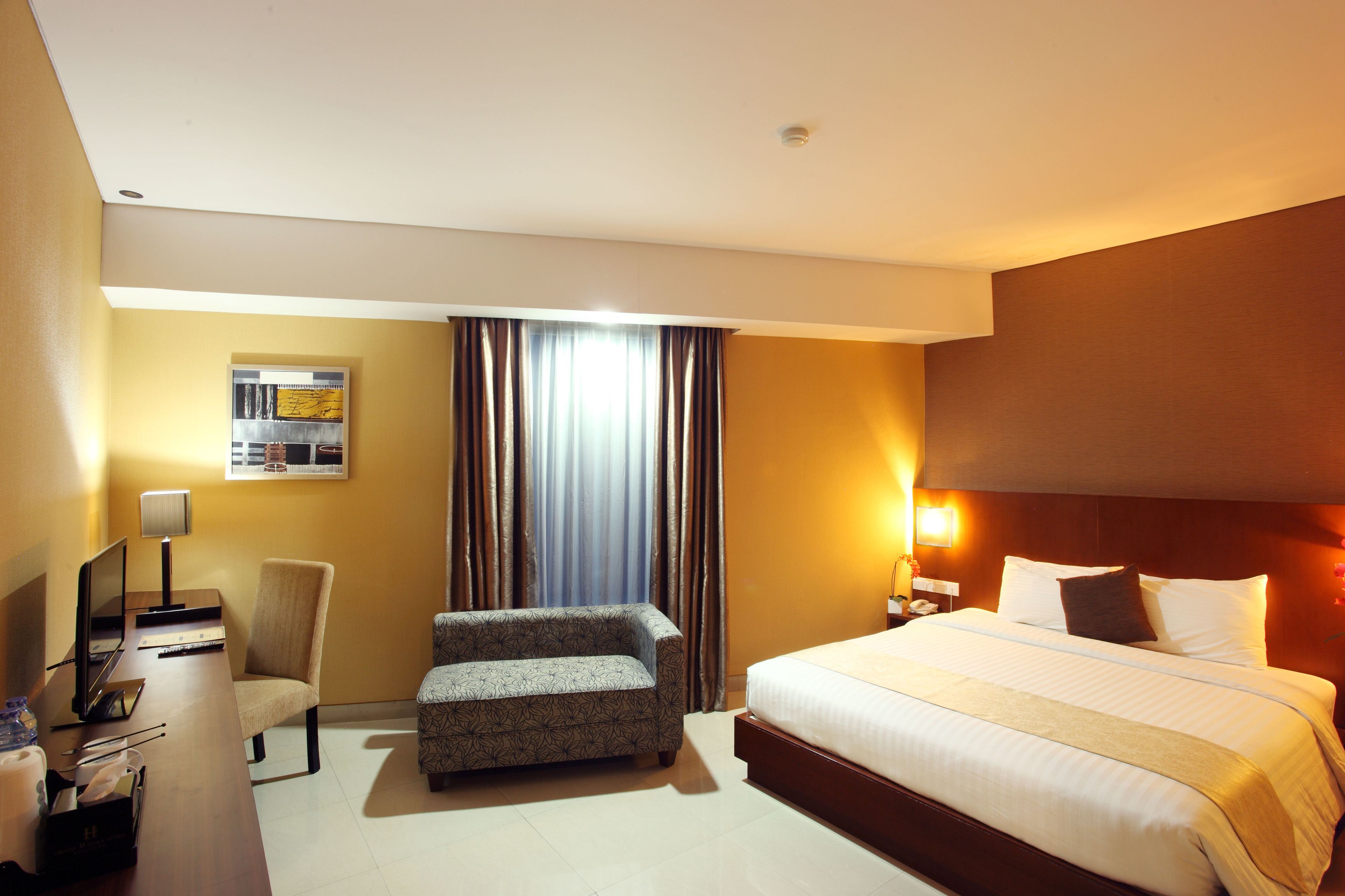 Una habitación de hotel con una cama, un escritorio con una computadora, una silla y un sofá.