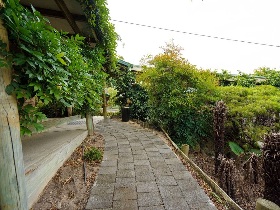 Un camí de pedra que serpenteja per un jardí amb diferents plantes i una tanca de fusta a un costat.