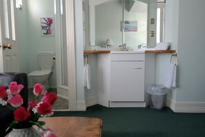 Une salle de bain avec des toilettes, un lavabo et un miroir. On y trouve également une poubelle et un porte-serviettes.