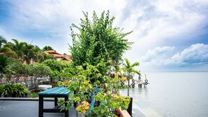 Un patio frente al mar con una mesa y sillas, rodeado de abundante vegetación y vistas al océano.