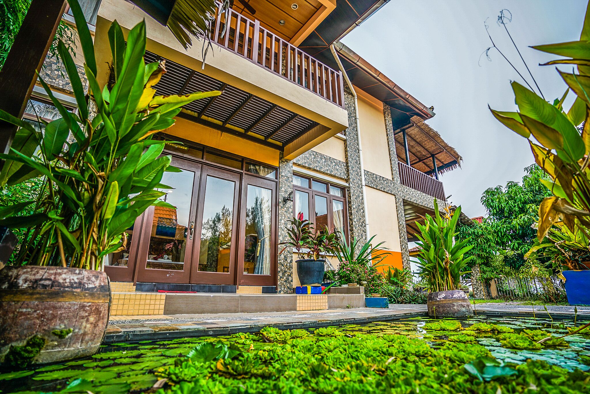 A two-story building with a balcony, potted plants, and a small pond with lily pads.