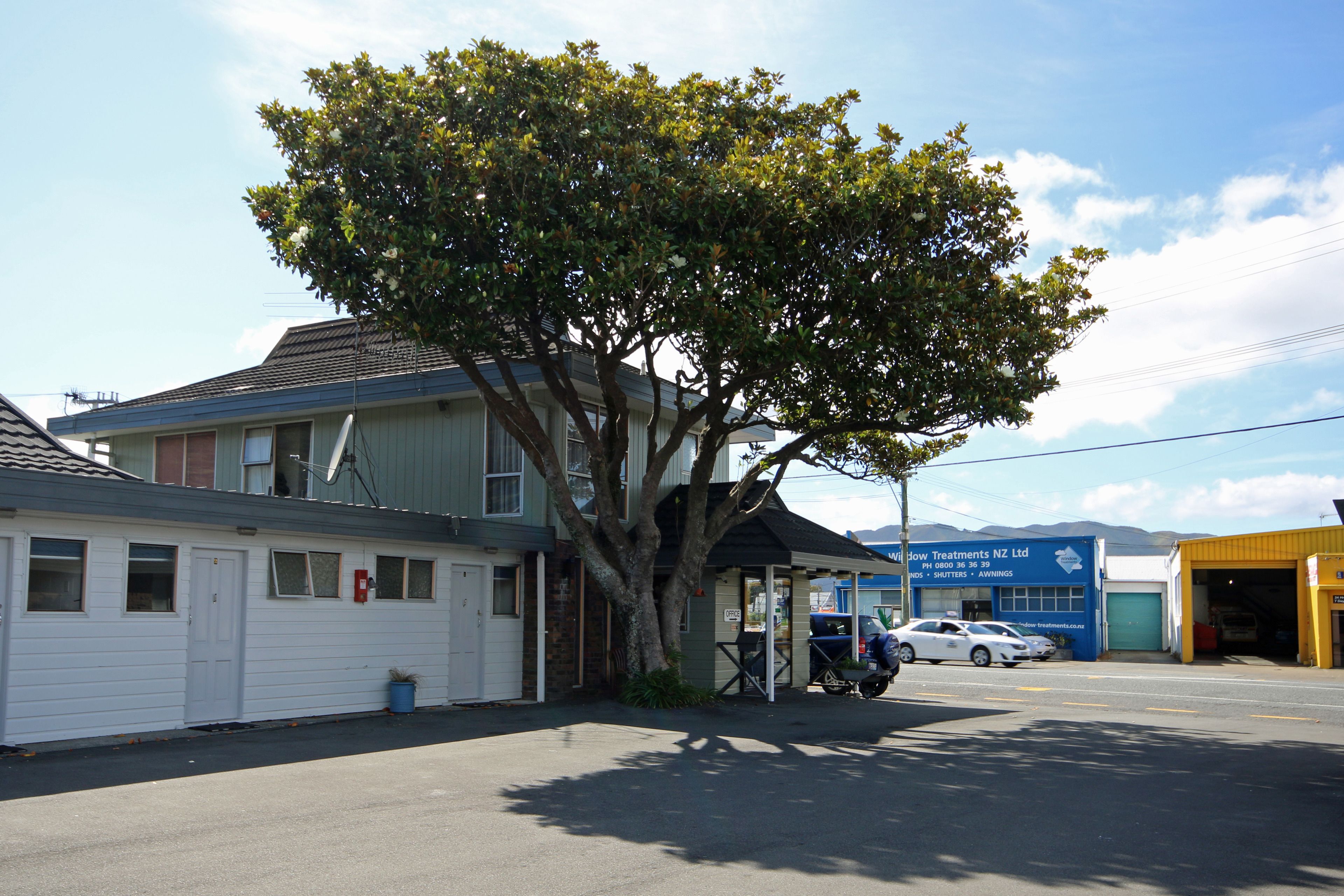 A building with a tree in front, a sign for a business, and parked cars.