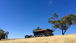 A modern building with a flat roof and large windows, surrounded by dry grass and trees. - Barossa Pavilions (Lyndoch)