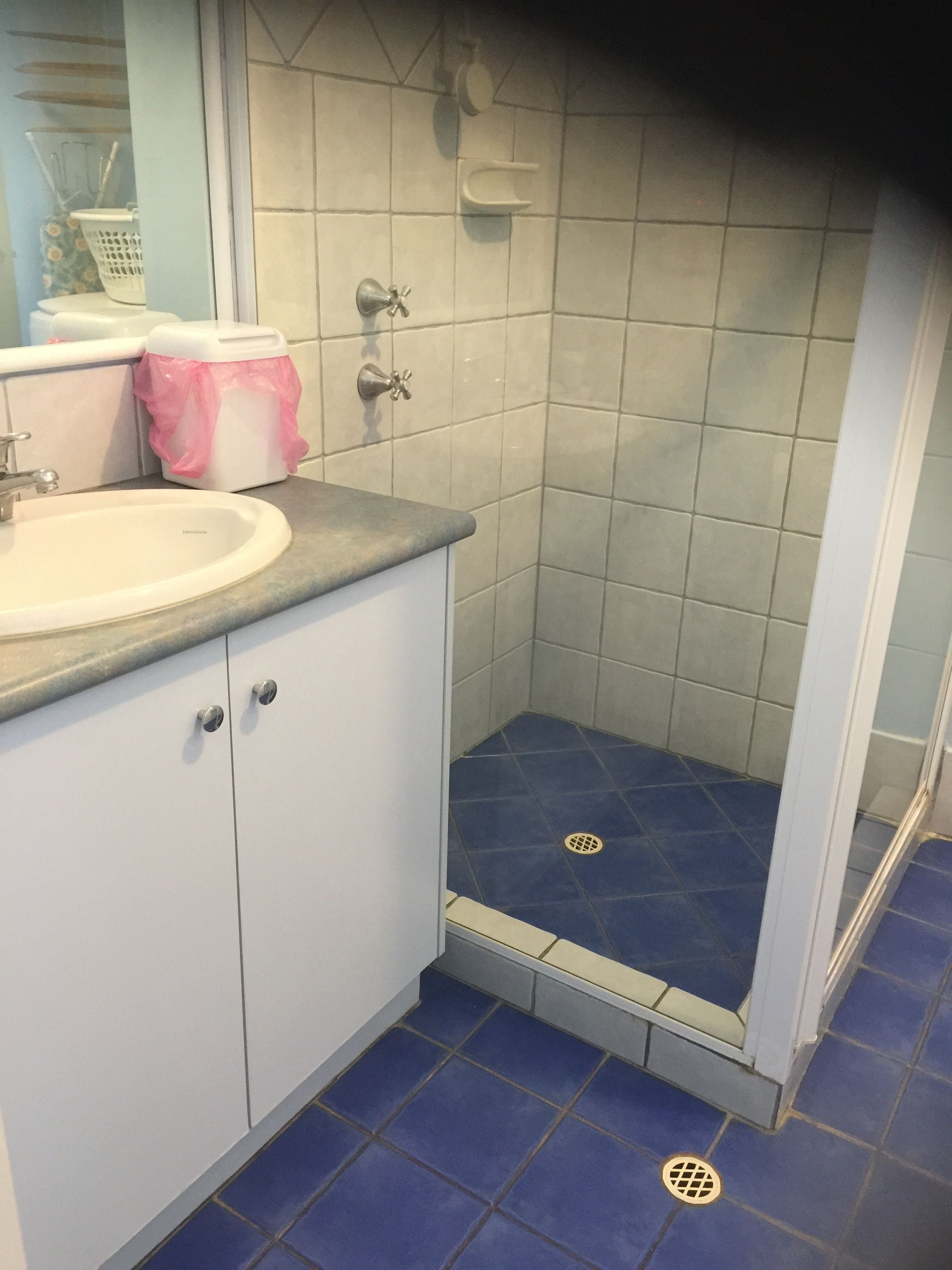 Une salle de bain avec un lavabo, une douche et des toilettes.