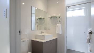 A modern bathroom with a toilet, sink, mirror, and shower.