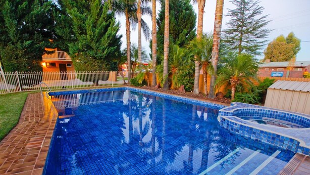 A rectangular swimming pool with blue tiles, surrounded by a brick patio and palm trees. - River City Motel (Mildura)