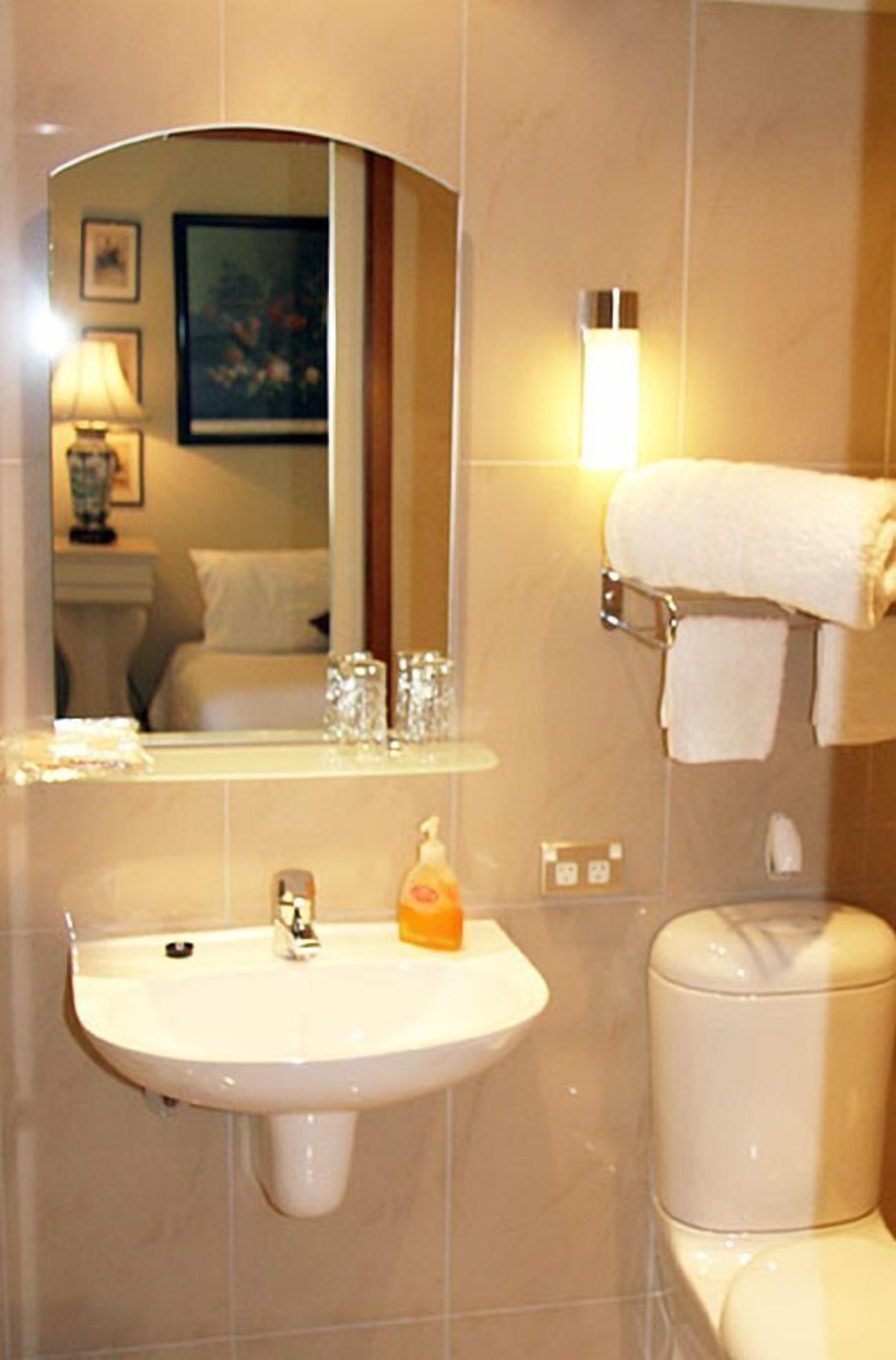 A bathroom with a sink, mirror, and toilet.