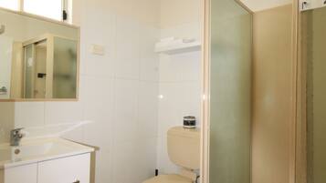 A bathroom with a toilet, sink, and mirror.