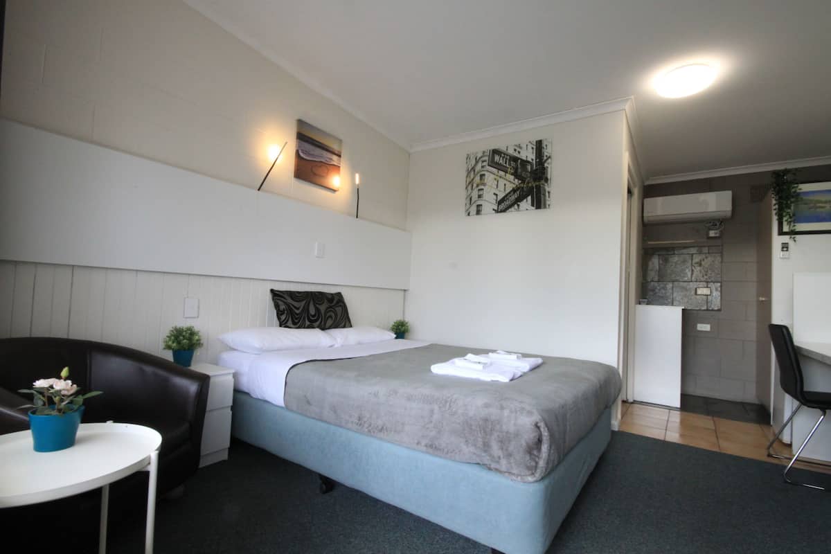 A compact hotel room with a bed, a small desk, a chair, a potted plant, and a wall-mounted air conditioner.