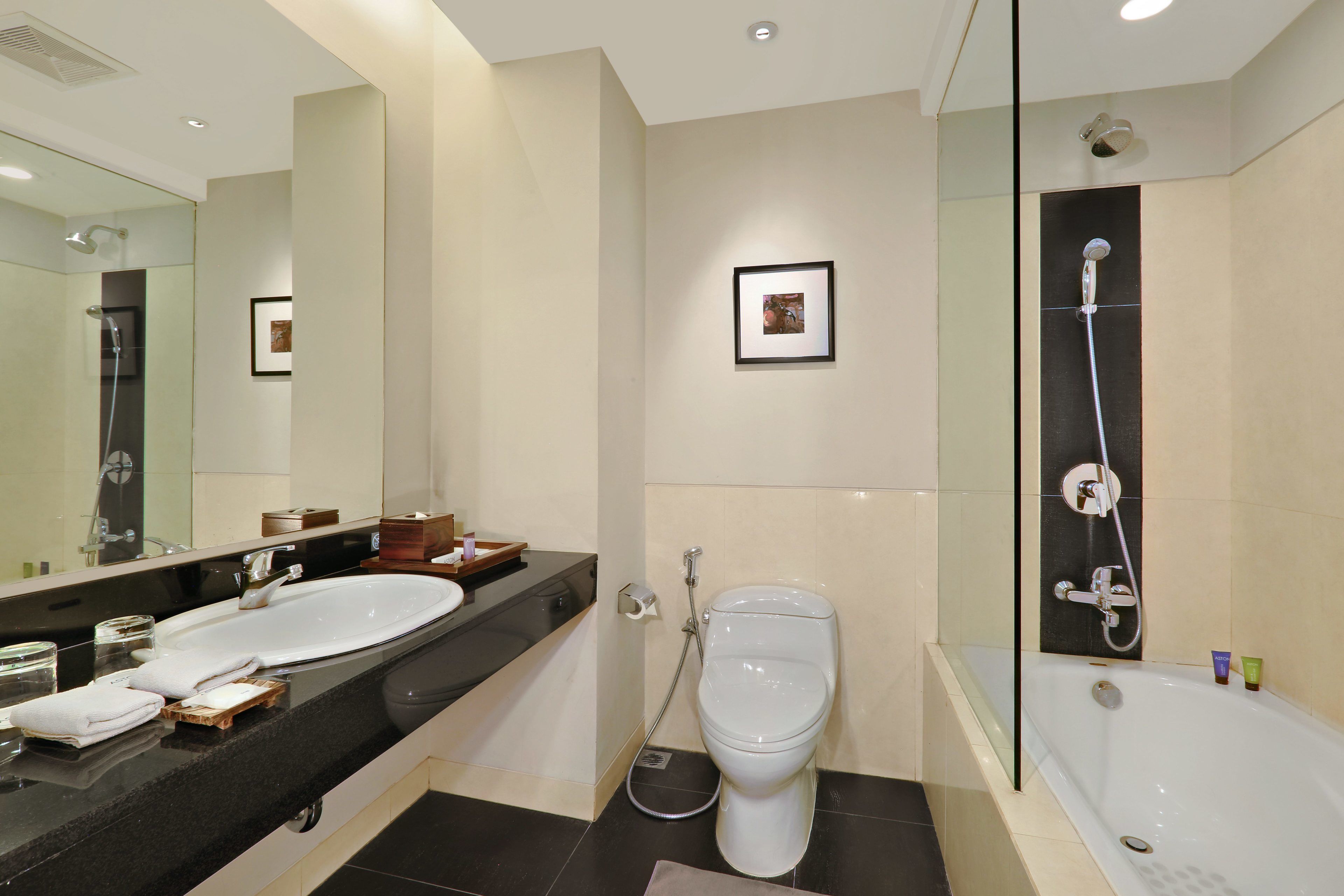 Un baño moderno con un lavamanos grande, inodoro y bañera.