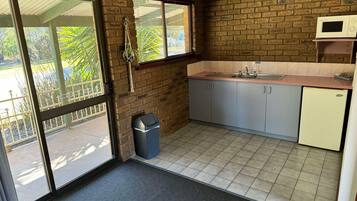 Fridge, microwave, coffee/tea maker, toaster