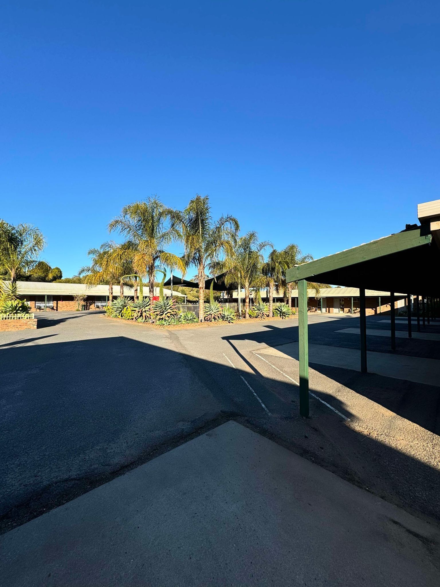 A parking area with a covered walkway, palm trees, and a building in the background.
