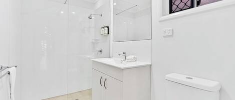 A modern bathroom with a glass-enclosed shower, a white sink, and a toilet.