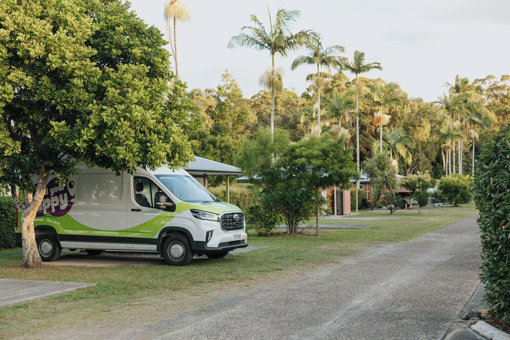 Un camion de livraison est garé dans une rue résidentielle, avec une végétation luxuriante et des palmiers en arrière-plan.