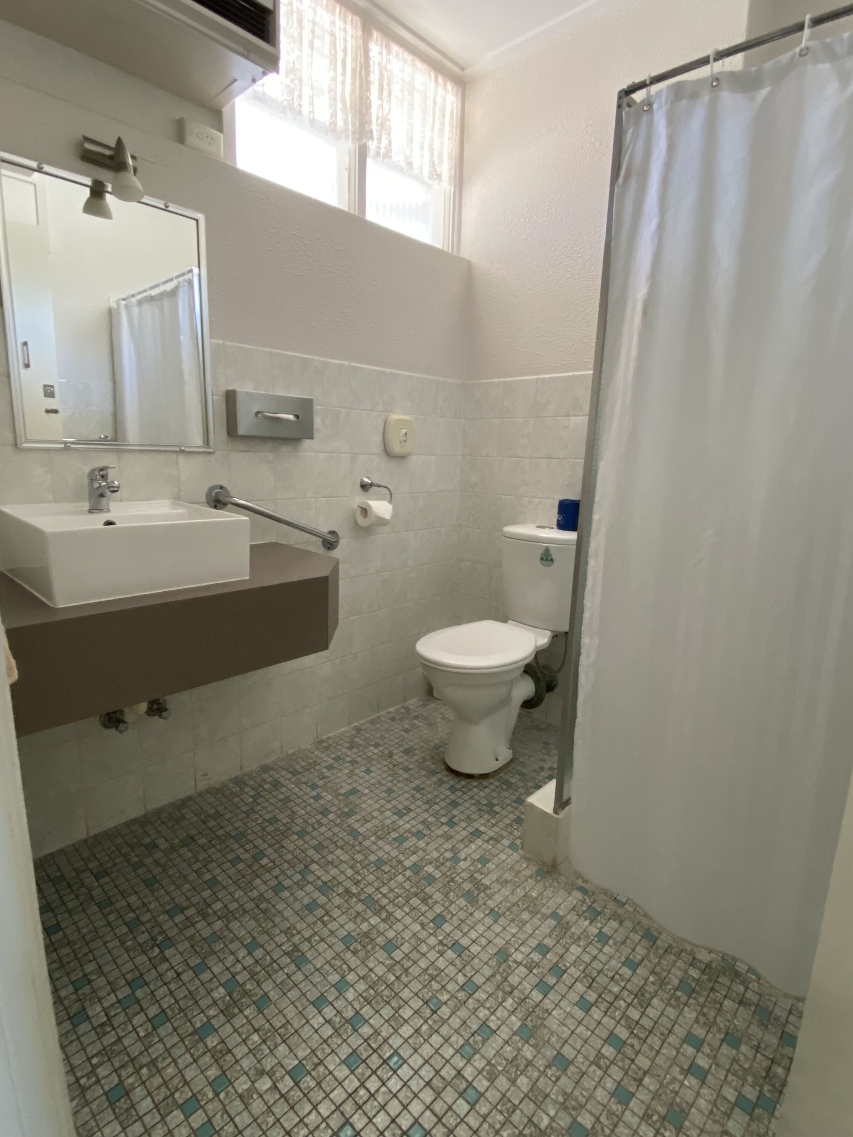 Une salle de bain avec un lavabo blanc, un miroir, des toilettes et un rideau de douche.