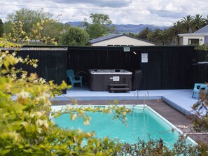 Outdoor pool, open 10:00 AM to 8:00 PM, pool umbrellas, sun loungers - Palm Motel Waihi (Waihi)