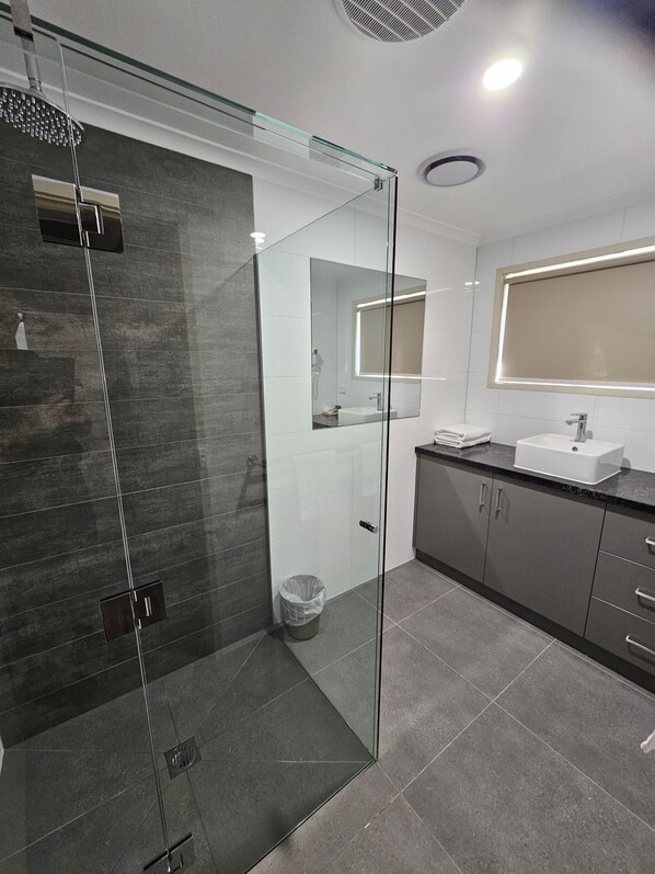 Departamento Deluxe | Baño | Regadera, amenidades de baño gratuitas, secadora de cabello, toallas